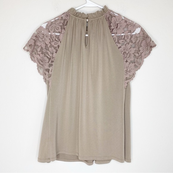 Worthington Lace Cap Sleeve Ruffled Blouse Mushroom Taupe Size L NWT - Picture 2 of 7